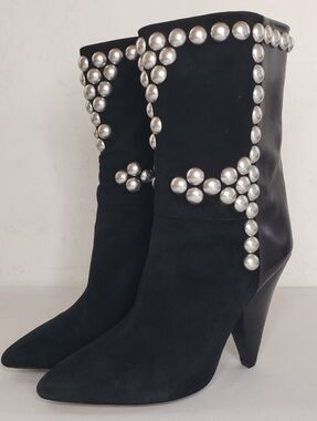 Isabel Marant Layo Black Suede Leather Mid-Calf with Silver Studded Boots Runway